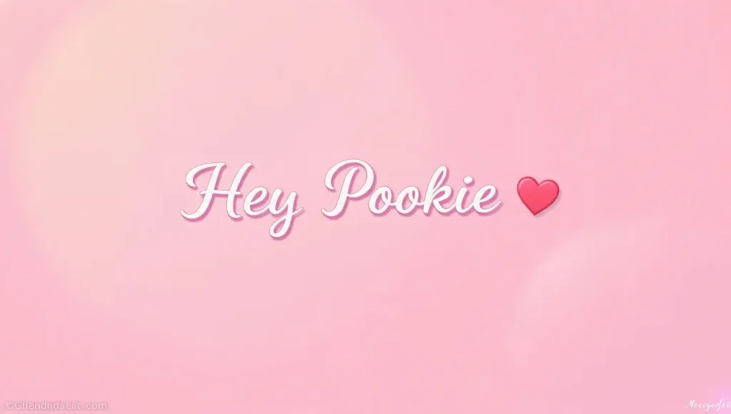 Pookie Meaning in Hindi” – एक प्यारा अंग्रेज़ी शब्द जो प्यार, स्नेह और रोमांटिक भावना को दर्शाता है; पिंक और पास्टल बैकग्राउंड पर दिल के आइकन के साथ लिखा हुआ टेक्स्ट “Hey Pookie 💖