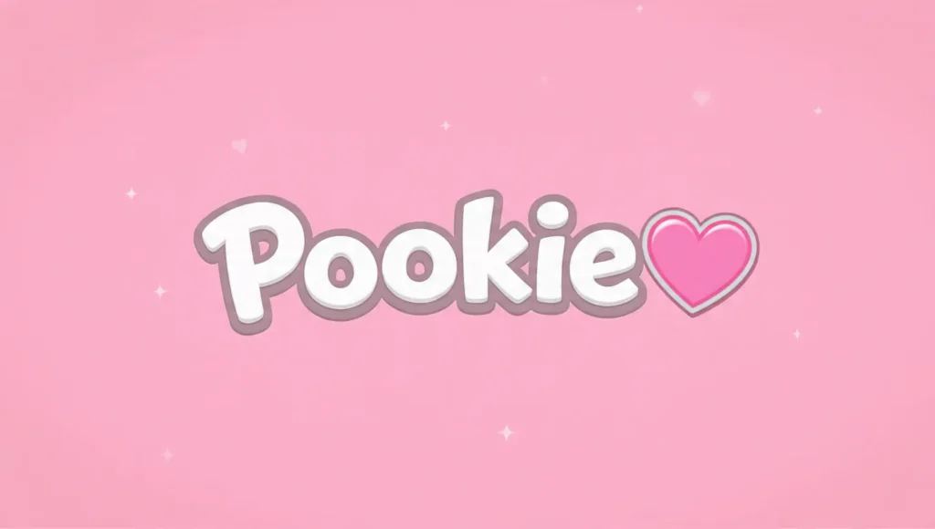 Pookie” – English affectionate nickname written on a pastel background with a heart icon representing love and affection.