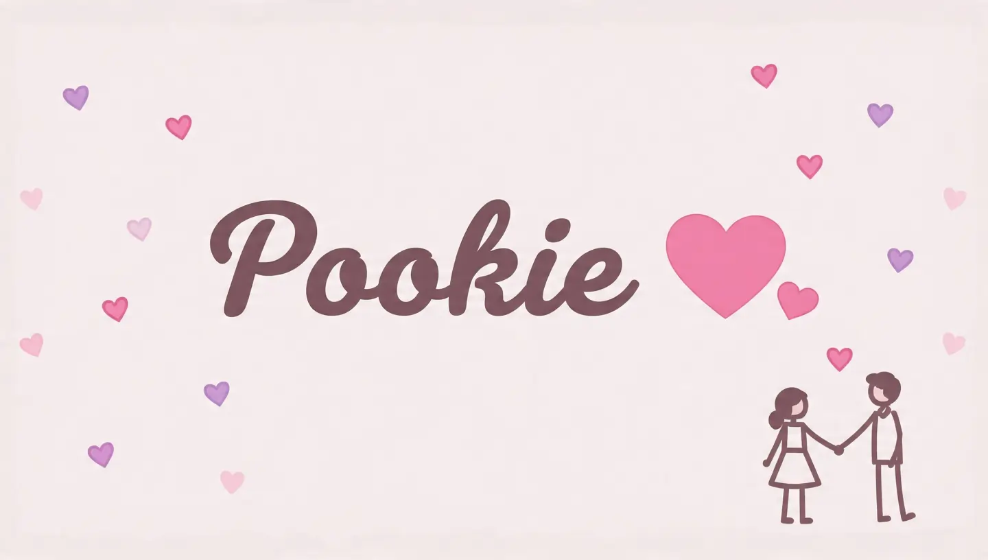 “Pookie” written on a pastel background with heart icons, representing love, affection, and romantic intimacy in relationships.