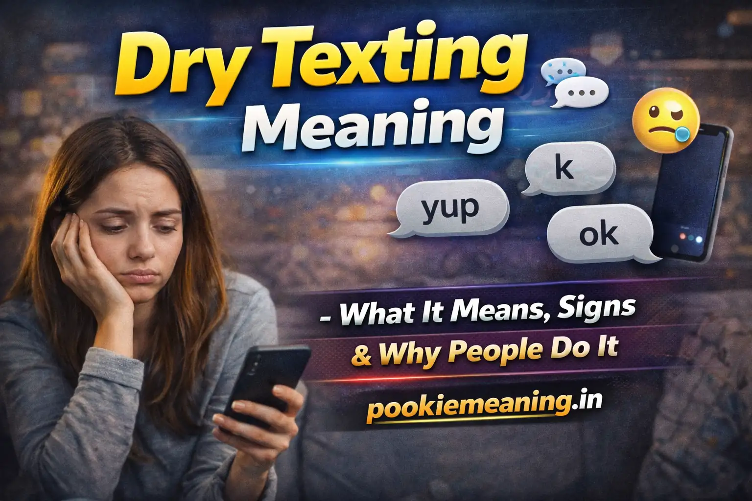 Dry Texting Meaning thumbnail showing bored person texting with short replies like ok yup explaining signs and reasons of dry texting