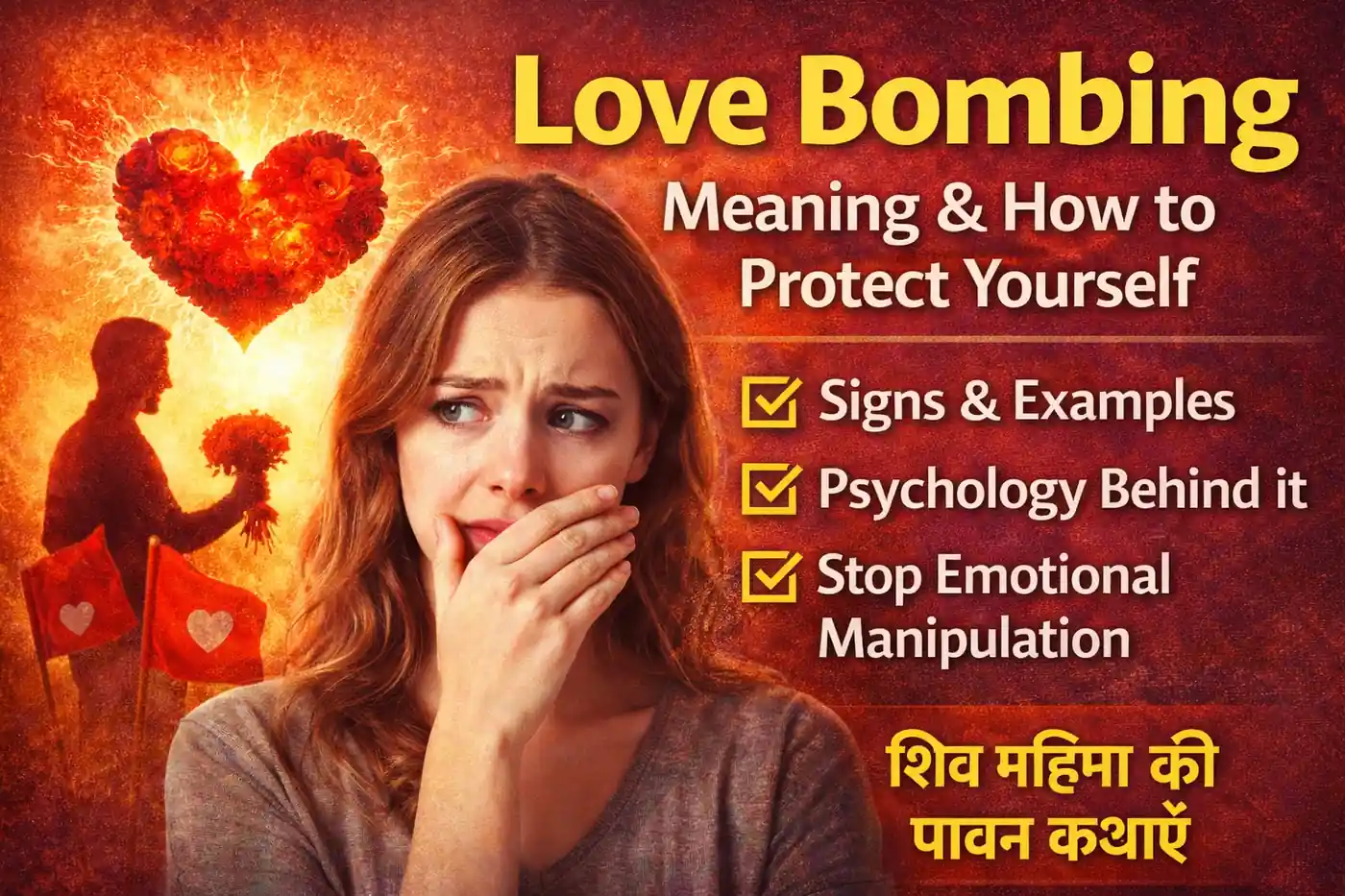 Love bombing meaning thumbnail showing emotional manipulation signs and warning concept