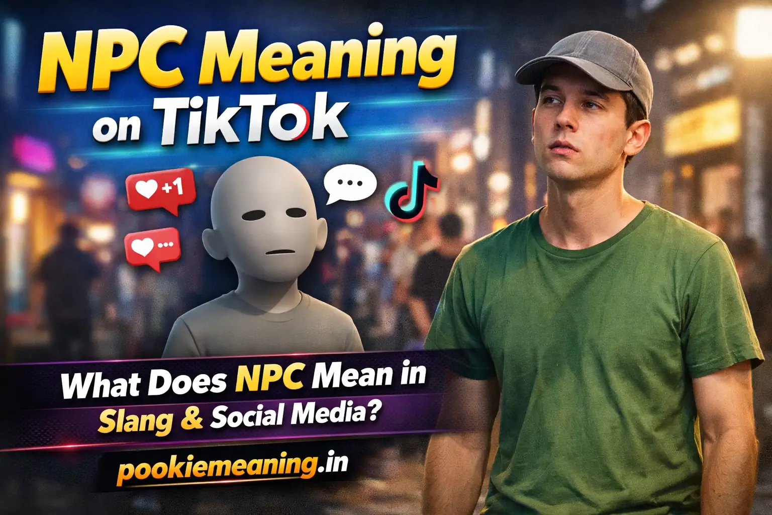 NPC Meaning on TikTok thumbnail explaining what NPC means in slang and social media with TikTok style visuals