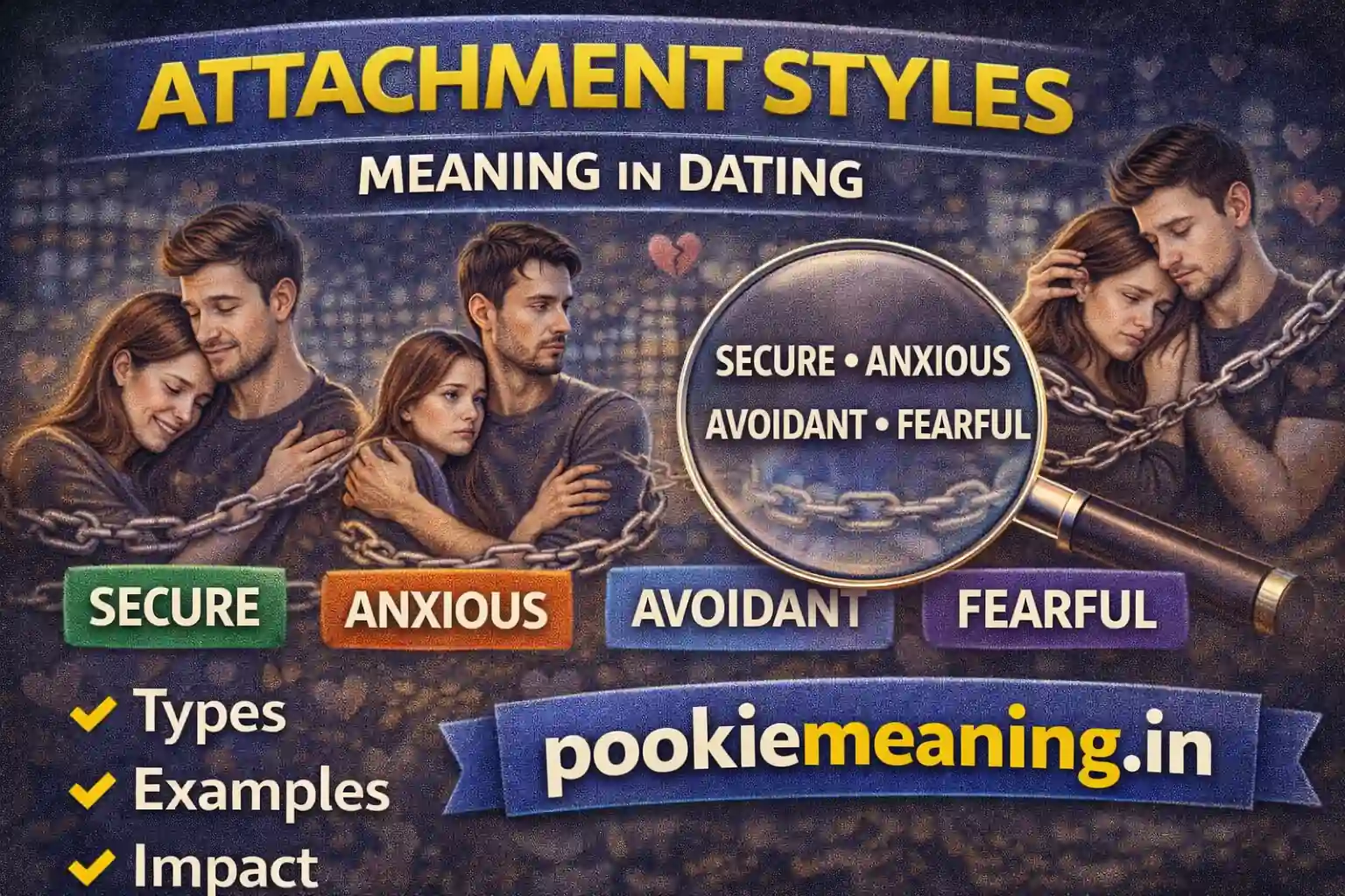 Attachment styles meaning in dating thumbnail showing secure, anxious, avoidant and fearful couples with emotional connection visuals and pookiemeaning.in branding