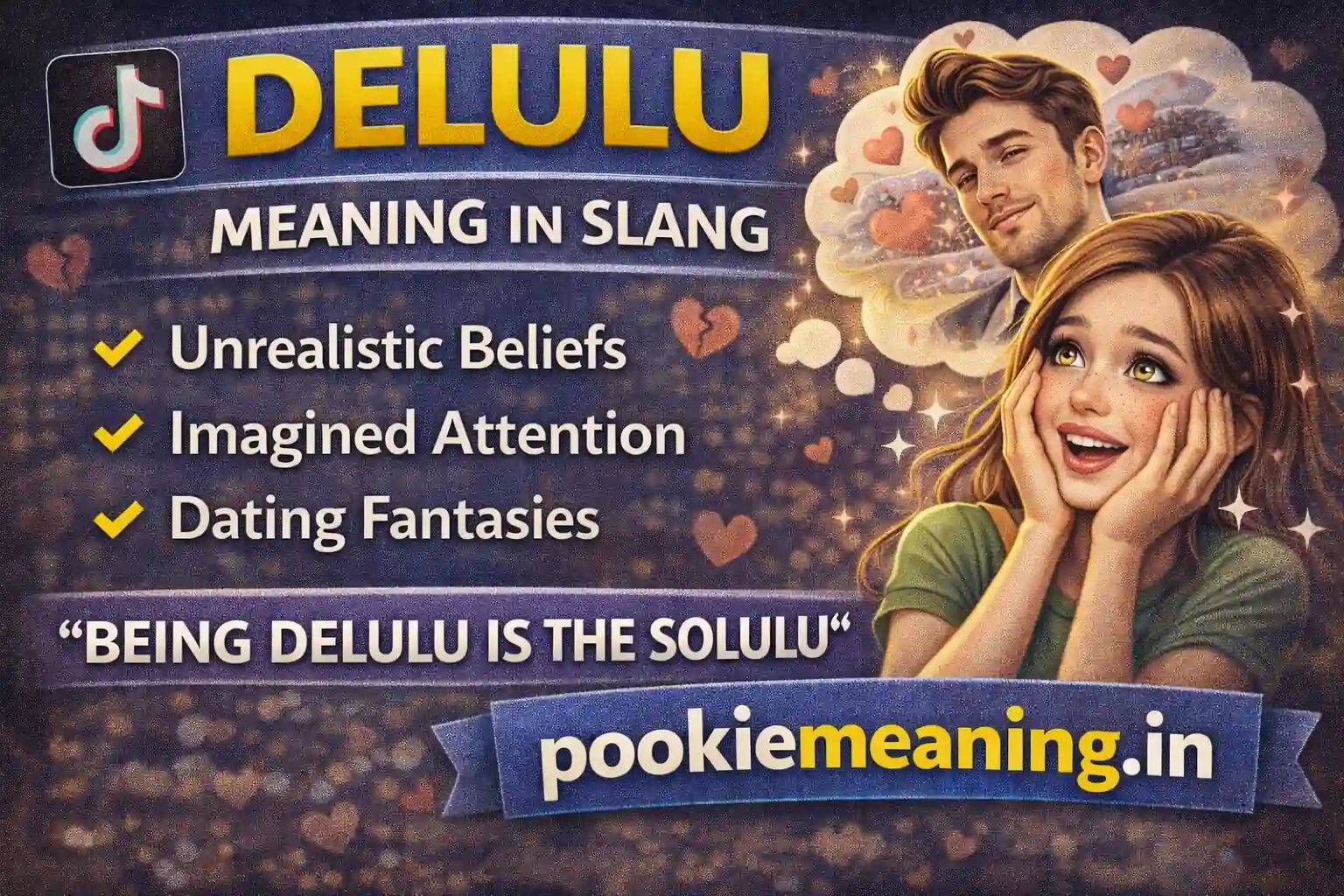 Delulu meaning in slang thumbnail showing dreamy Gen Z girl imagining a crush, TikTok style design, “being delulu is the solulu” text and pookiemeaning.in branding