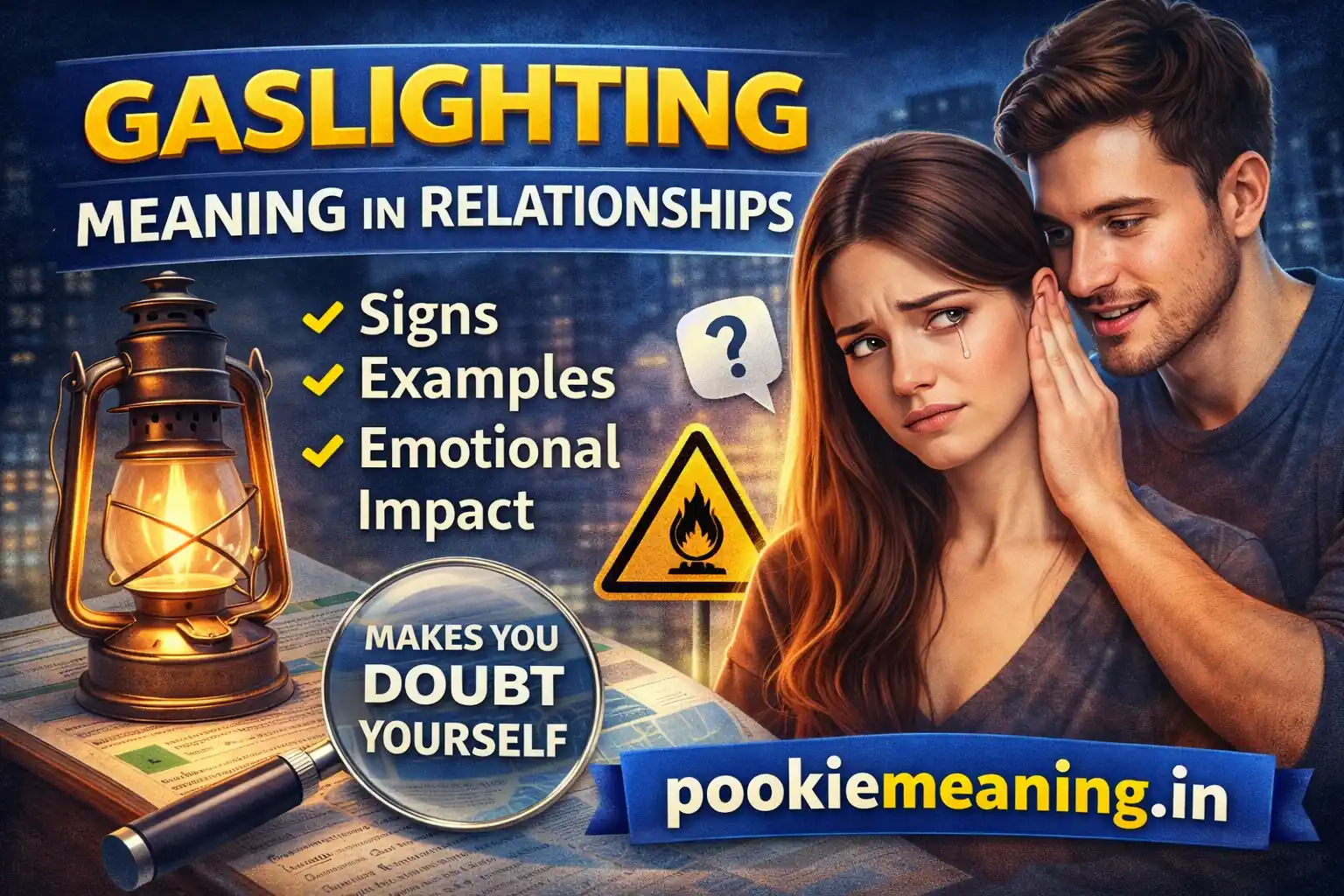 Gaslighting meaning in relationships thumbnail showing emotional manipulation concept, confused woman, warning sign and pookiemeaning.in branding