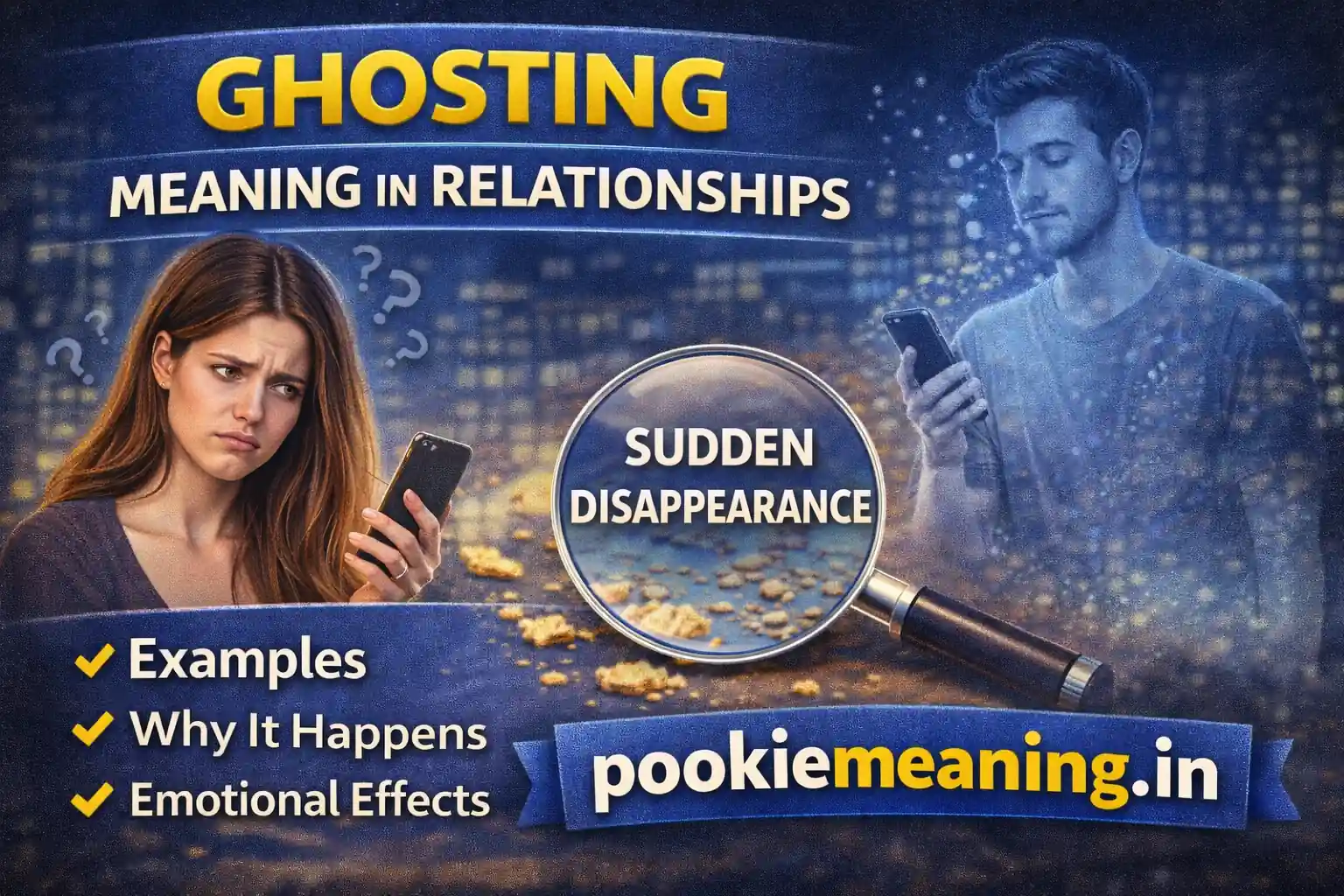 Ghosting meaning in relationships thumbnail showing confused woman checking phone, disappearing man figure, sudden disappearance concept and pookiemeaning.in branding