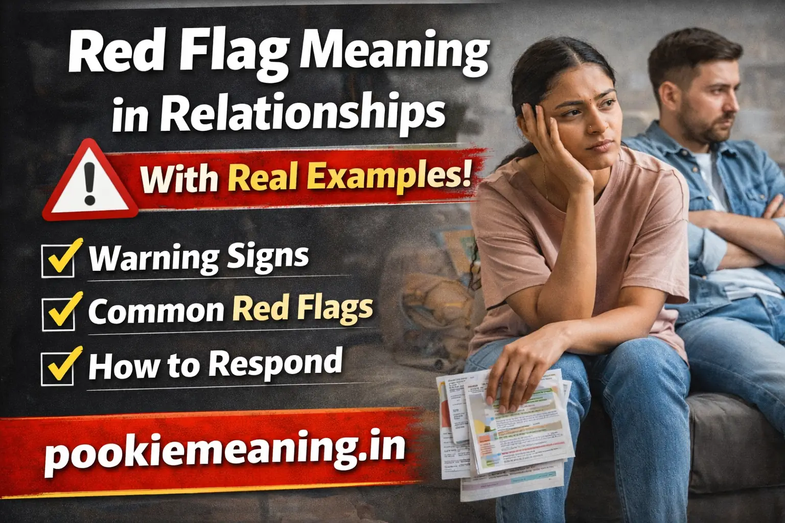 Red flag meaning in relationships thumbnail showing upset couple sitting apart with warning sign – pookiemeaning.in